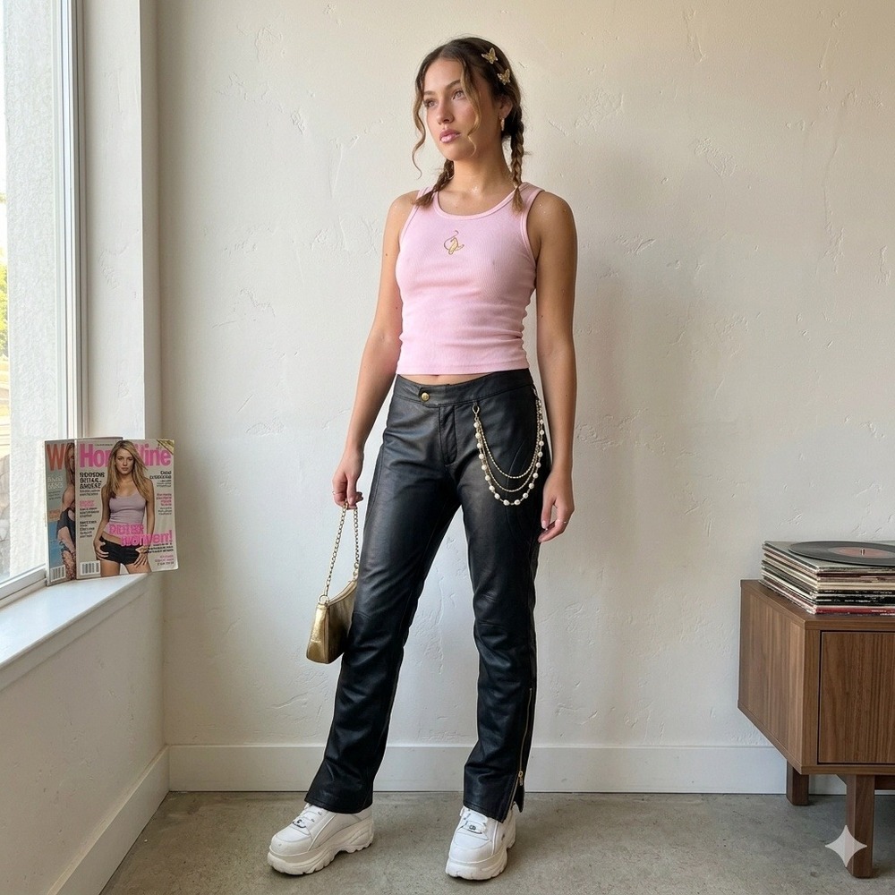 Vintage Y2k Baby Phat Leather Pants‎ Womens 4/5 Black Bootcut Pearl Chain NWT